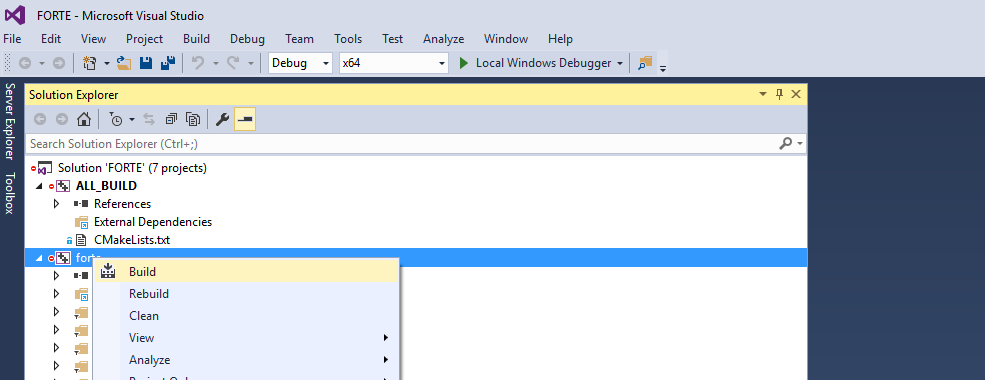 Compile by right-clicking on 4diac FORTE in the Solution Explorer window
