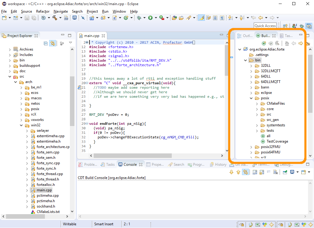 Eclipse C++ with 4diac FORTE imported and marked makefiles