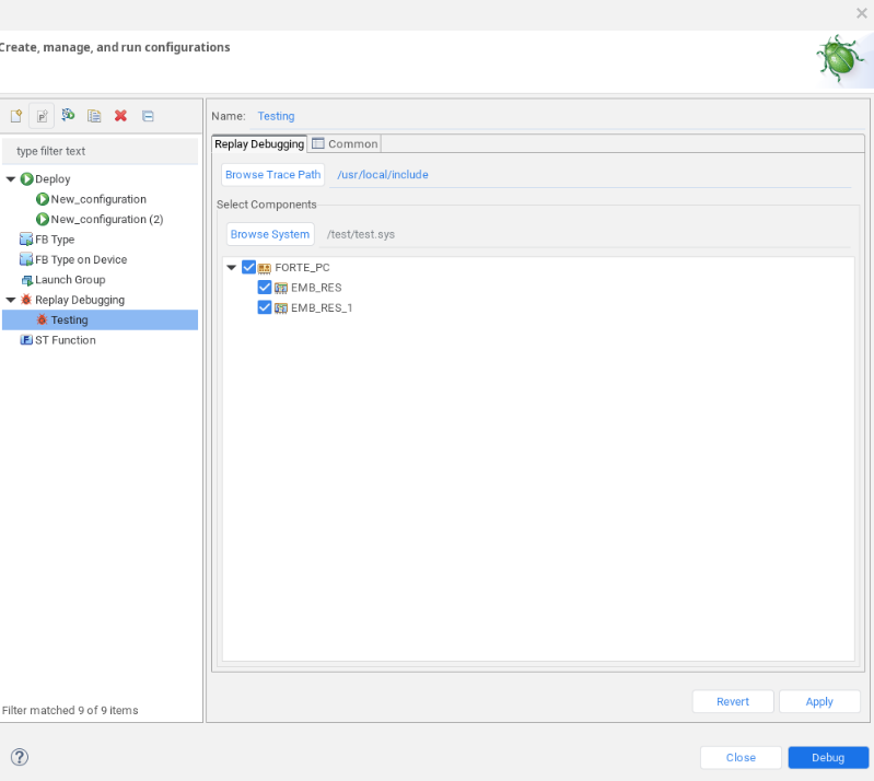 Example of a Replay Debugging configuration tab